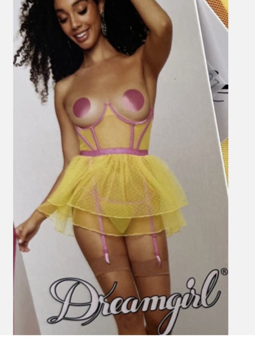 DREAMGIRL Yellow Mesh Underwire Cupless Babydoll Lingerie Set Garter Thong S NWT